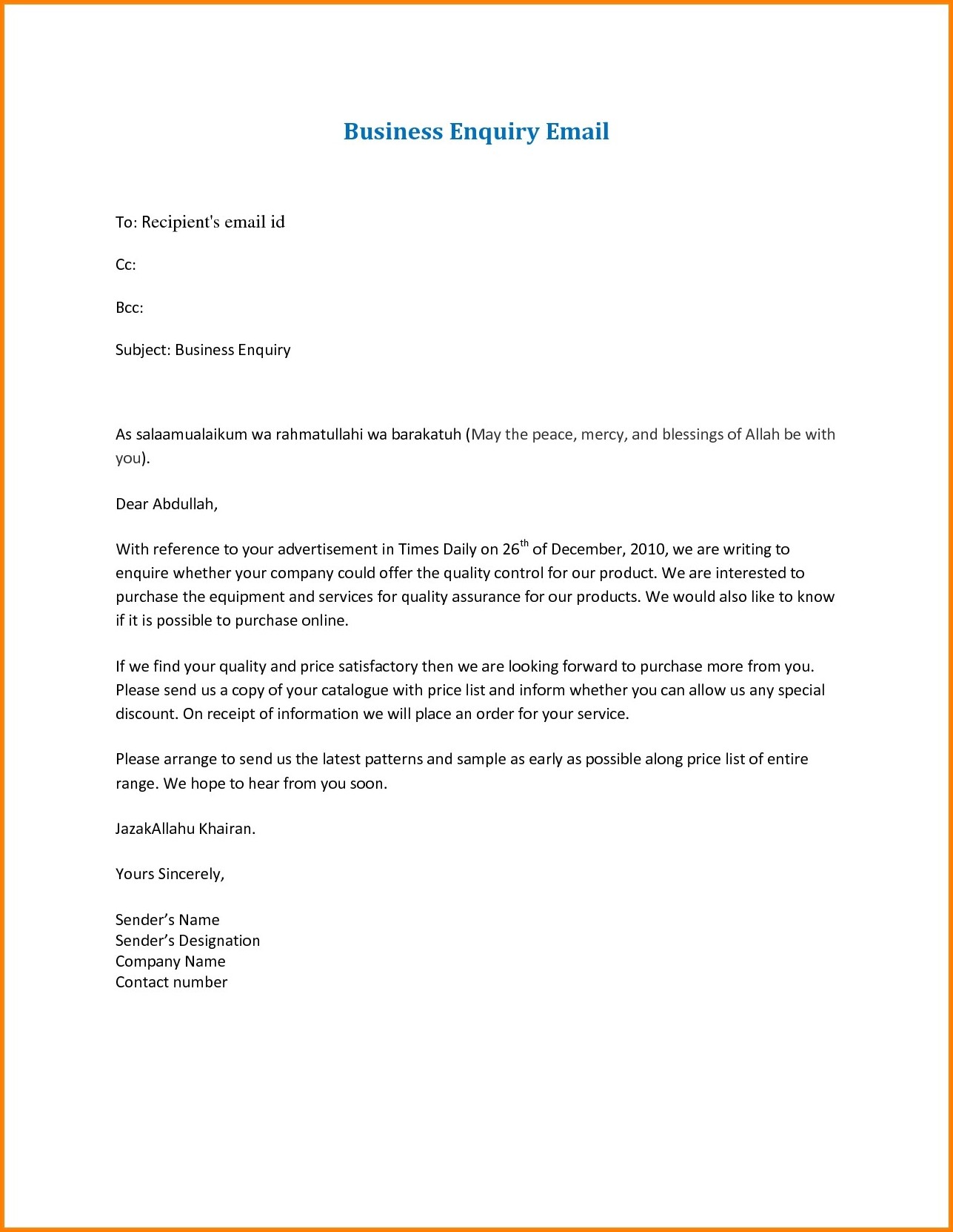 Formal Business Email Format Sample