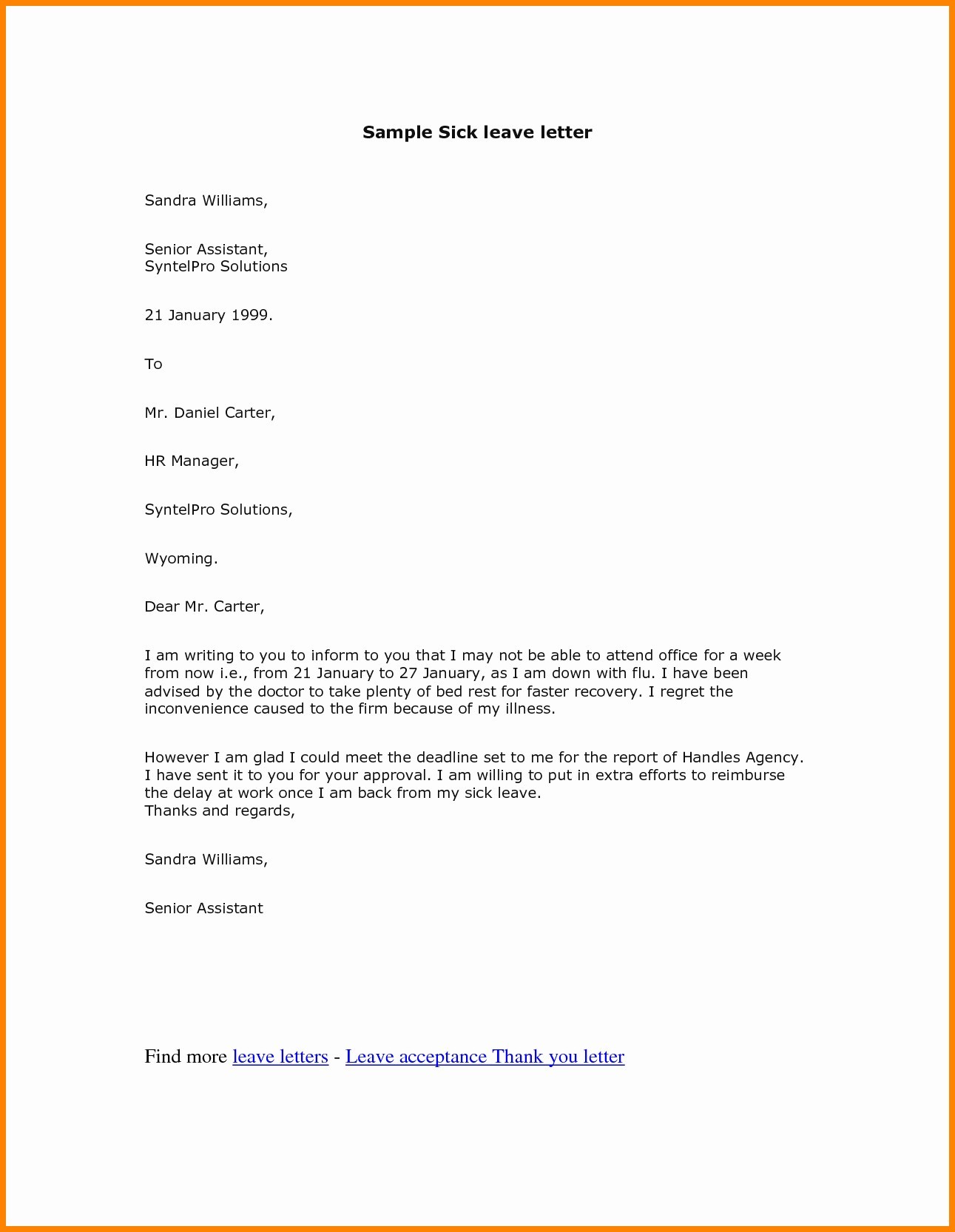 Request Letter For Leave From Work - Sample of a Leave of ...