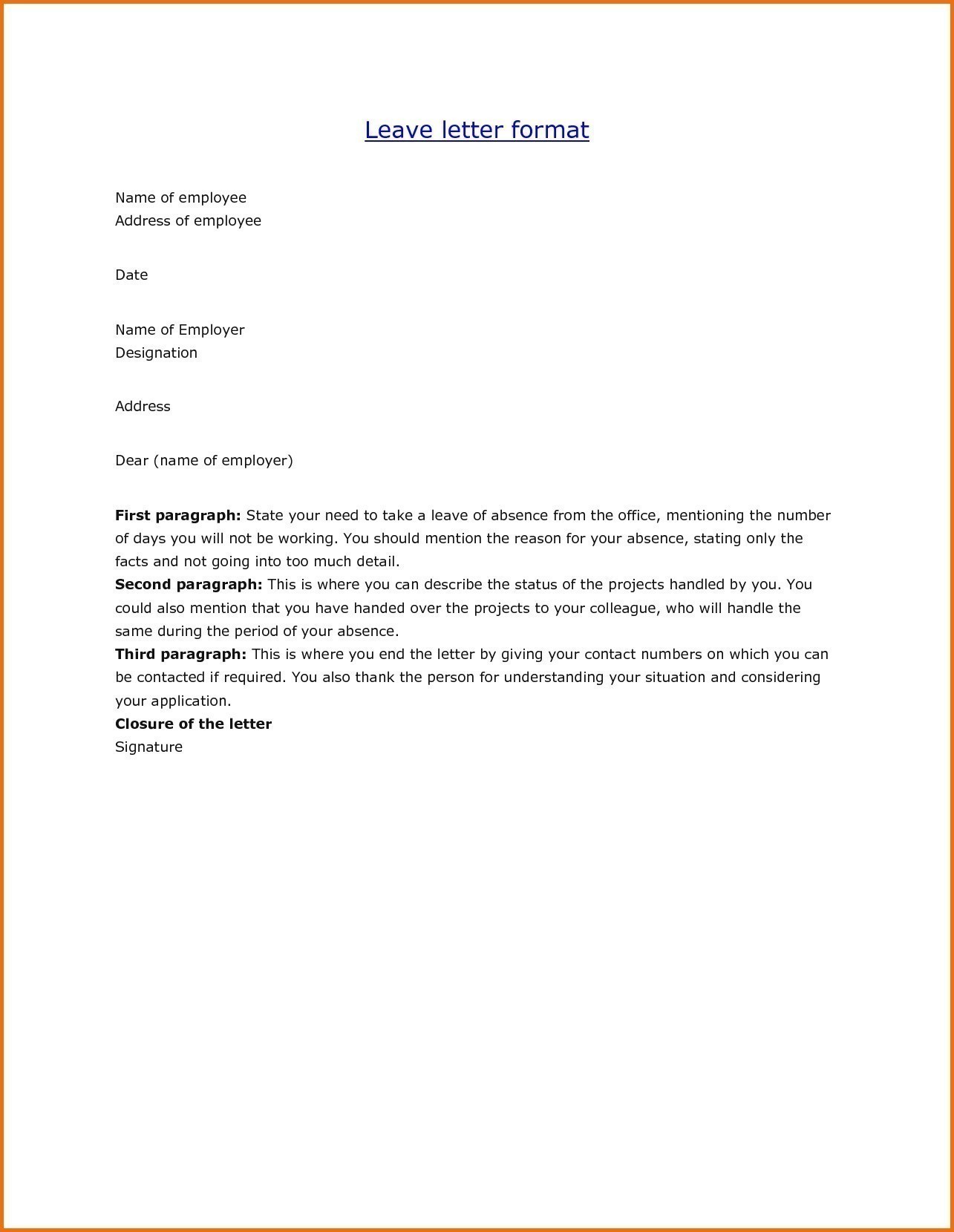 Leave Letter Template For Office