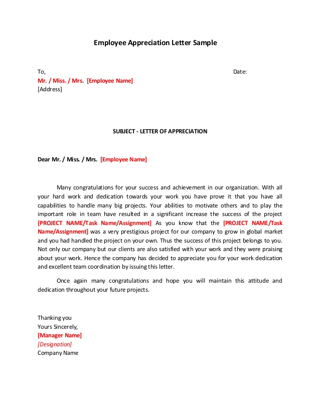Sample Appreciation Letter To Employee Hard Work | scrumps