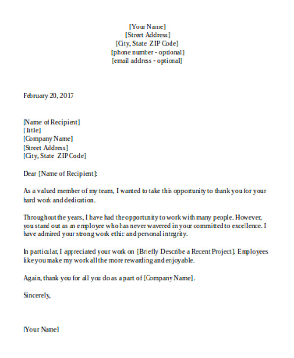 Sample Employee Recognition Letter For Hard Work