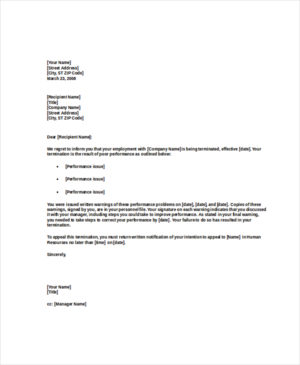 Sample of Termination Letter for Poor Performance