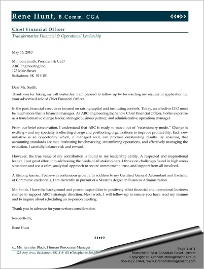 Sample Cover Letter for Chief Financial Officer Sharon Graham