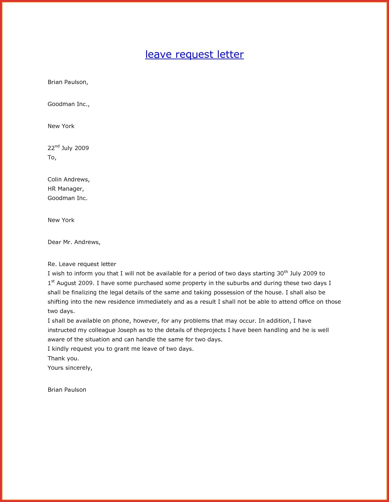Leave Letter Format Mail New Application For Leave To Manager 