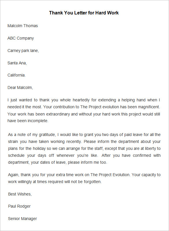 sample thank you letter for hard work Boat.jeremyeaton.co