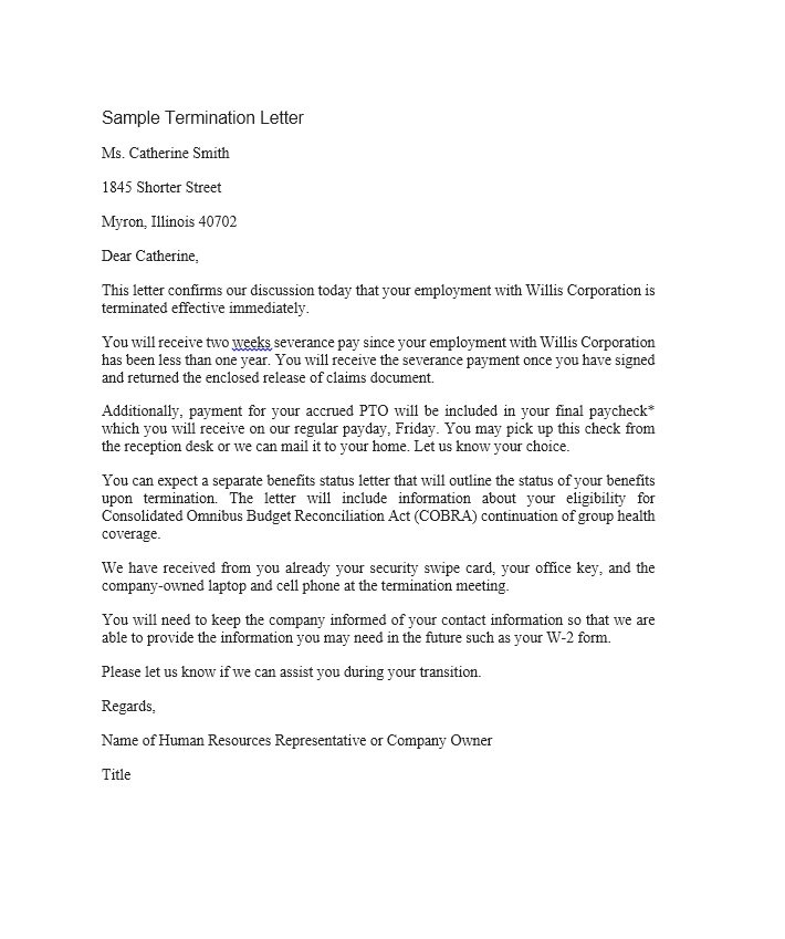 Termination Letter sample, example, template, and format