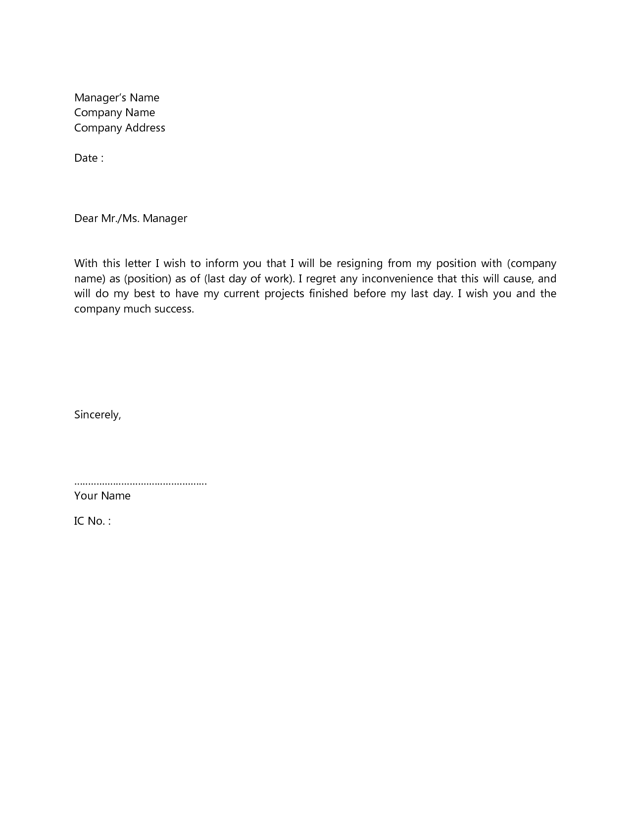 Sample Simple Resignation Letter scrumps